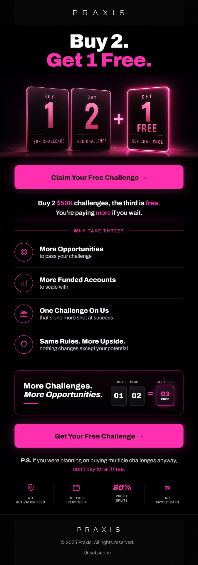 Buy 2, get 1 free $50K challenge campaign