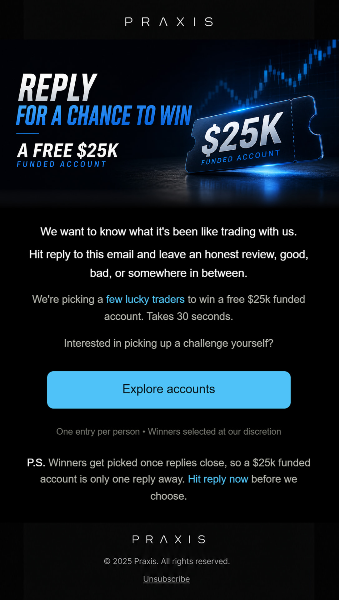 Reply to win a free $25K funded account campaign